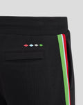 Back view of black men's shorts featuring colorful diamond motifs above the back pocket and a vibrant side stripe.