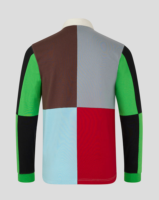 Adult Retro Rugby Shirt back view with color block panels in brown gray blue and a cream collar