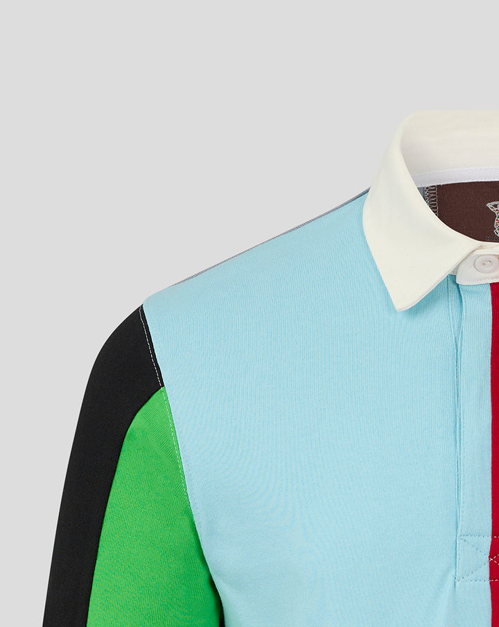 Partial view of an adult color blocked rugby shirt featuring a sky blue panel red center stripe brown side panel and white collar.