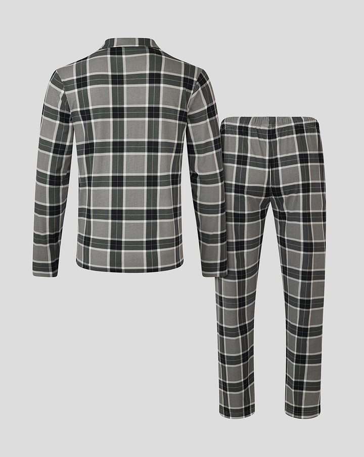 Back view of womens long plaid pajama set in grey and black tones