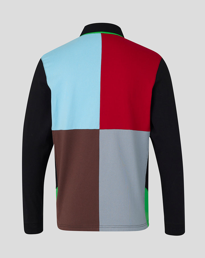 Back view of Harlequins home classic long sleeve shirt showing color block quarters on the torso