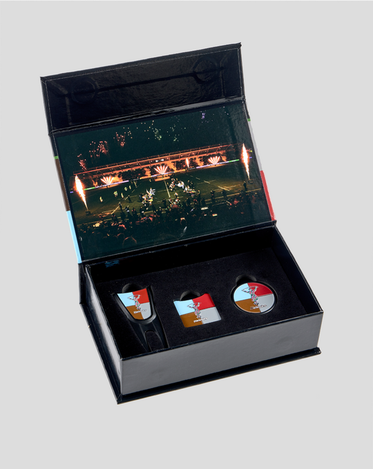 Harlequins IBOX 2.0 Plus gift set in an open black box with three contents and a stadium scene on the lid