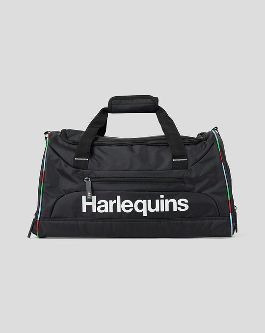 Harlequins black gym holdall featuring a large white logo on the front and color accented zips