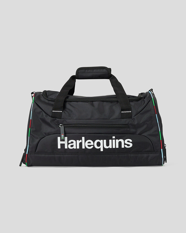 Harlequins black gym holdall featuring a large white logo on the front and color accented zips