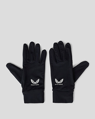 Pair of black unisex gloves laid flat on a light gray background with a white wing logo.