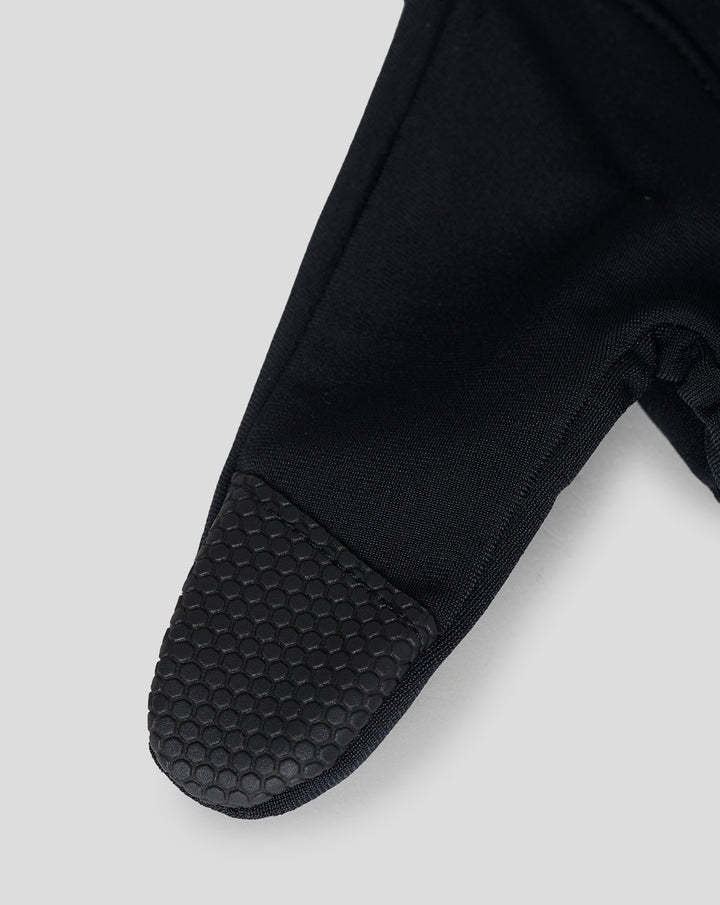 Close-up of a black unisex glove displaying a hexagonal grip texture on the palm.