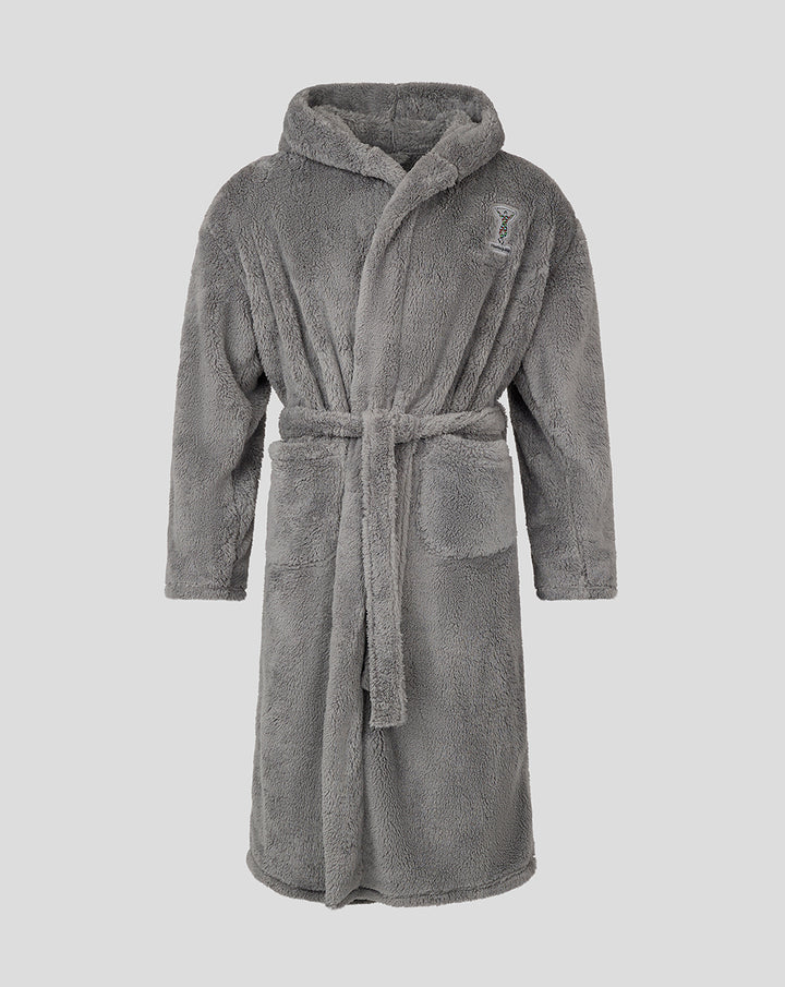 Front view of a gray fluffy Youth 24/25 Dressing Gown with hood and tied belt.
