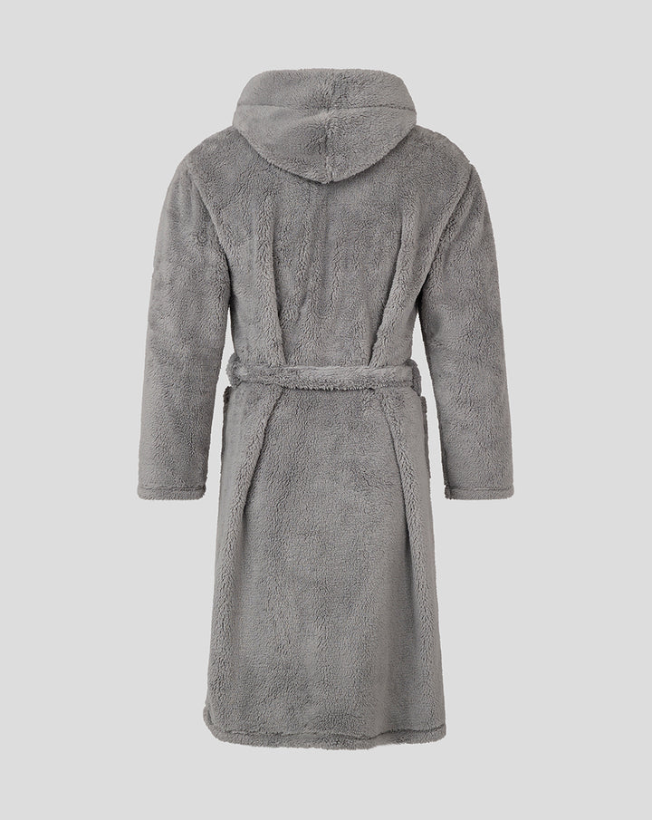 Back view of a gray fluffy Youth 24/25 Dressing Gown with hood and belt.